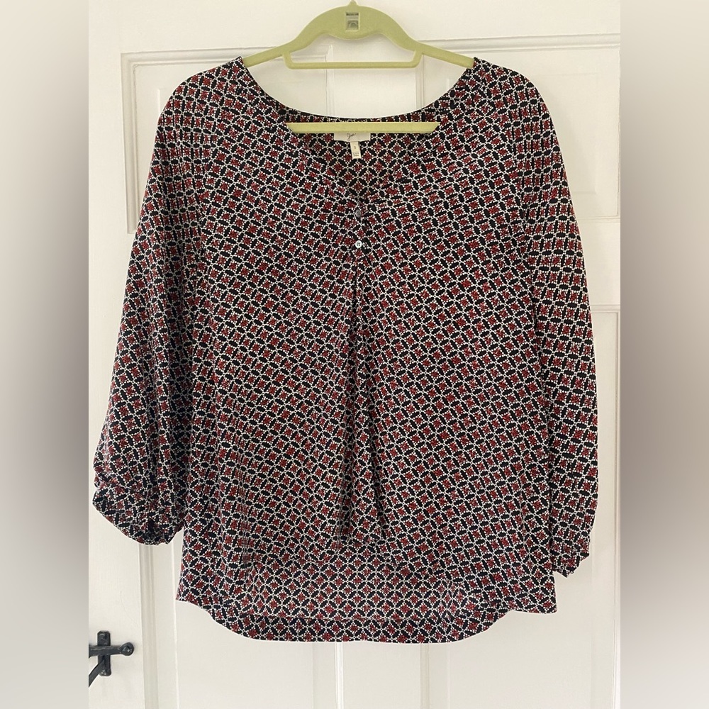 Joie Silk Blouse size S black with red and white accents.